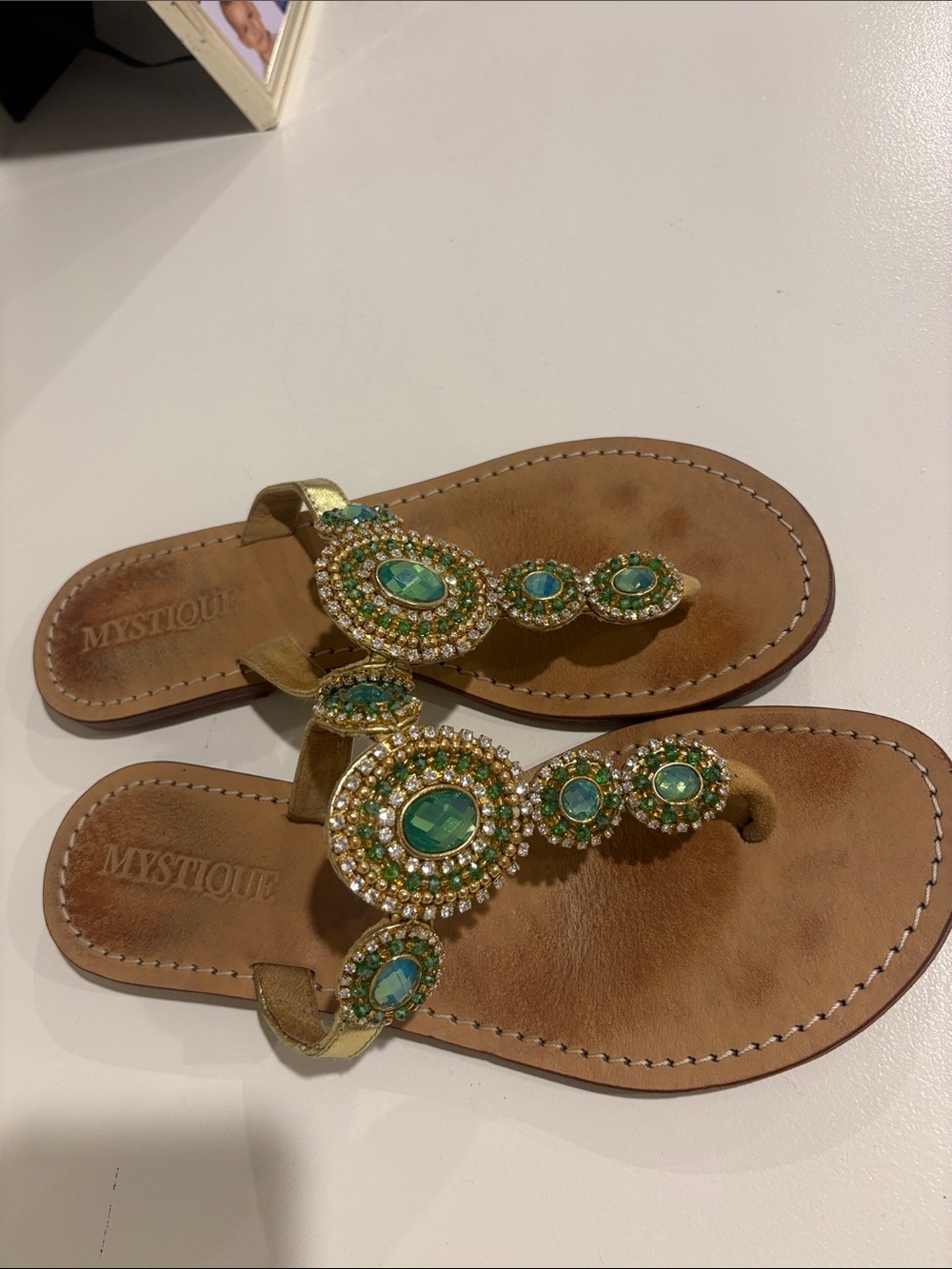 Mystique Boutique Gold Sandals with Green Gem Accents - Picture 2 of 5